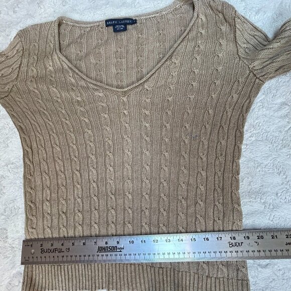 Ralph Lauren Women Italian Yarn Linen Cable-Knit V-Neck Sweater Large Tan Casual - Picture 7 of 8